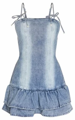 Bow Detail Puffball Denim Mini Dress-PrettyLittleThing Sale