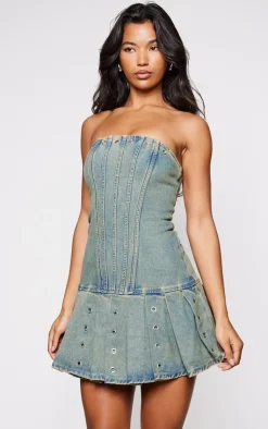 Corset Detail Pleated Denim Dress-PrettyLittleThing New