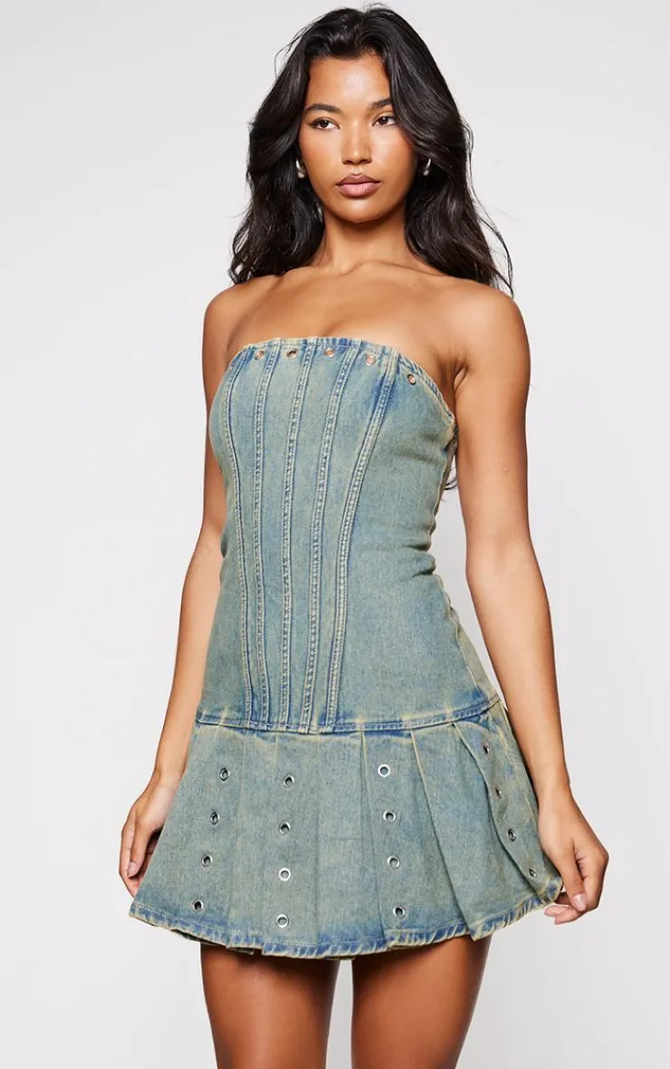 Corset Detail Pleated Denim Dress-PrettyLittleThing New
