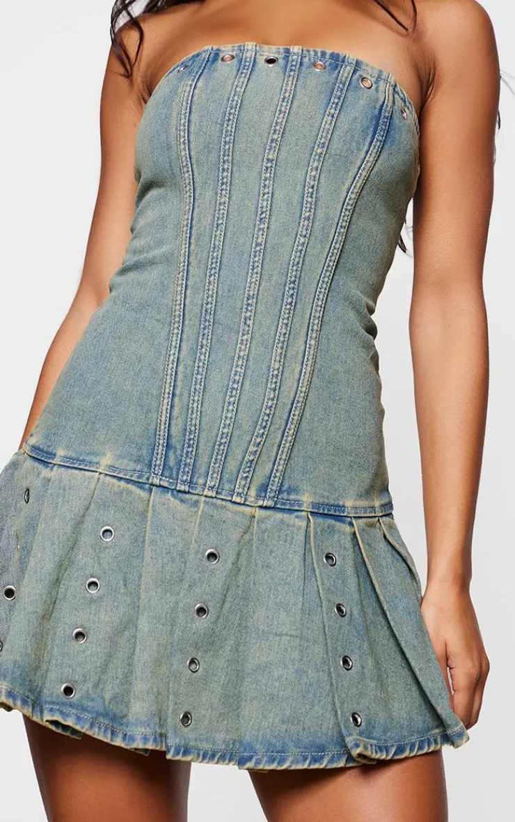 Corset Detail Pleated Denim Dress-PrettyLittleThing New