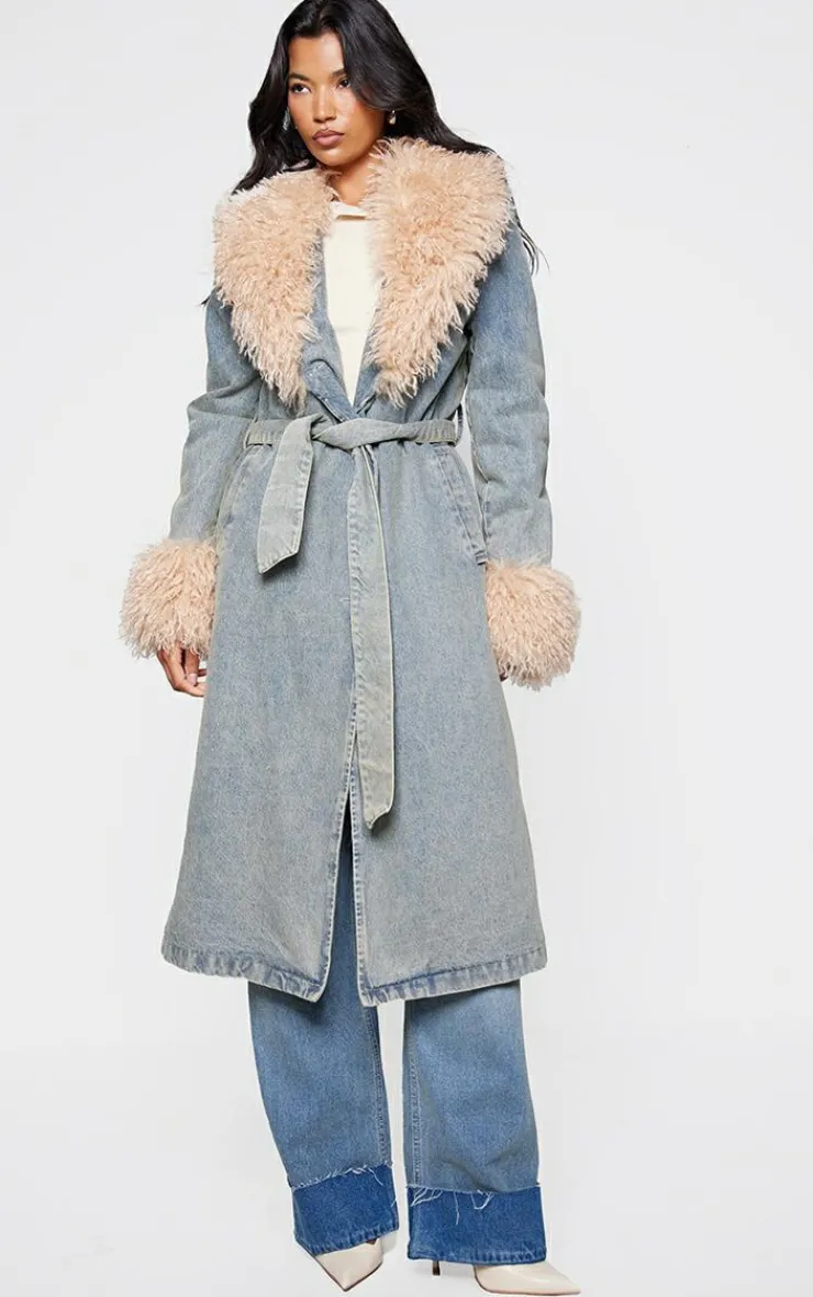 PrettyLittleThing Trench Coats*Faux Fur Trim Belted Trench Coat