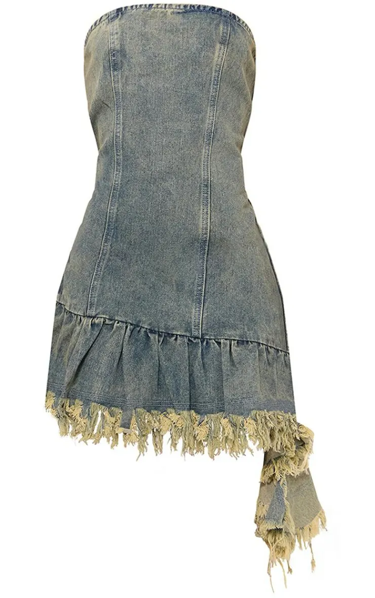Frayed Ruffle Asymmetric Hem Denim Mini Dress-PrettyLittleThing Clearance