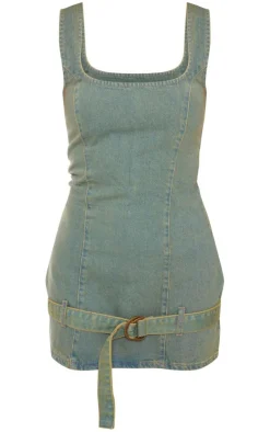 Green Tint Belted Denim Dress-PrettyLittleThing Clearance