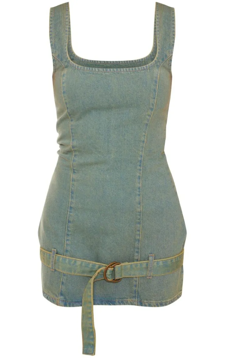 Green Tint Belted Denim Dress-PrettyLittleThing Clearance