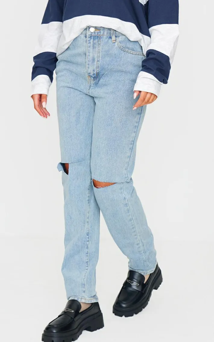 Vintage Light Blue Wash Slash Knee Long Leg Straight Leg Jeans