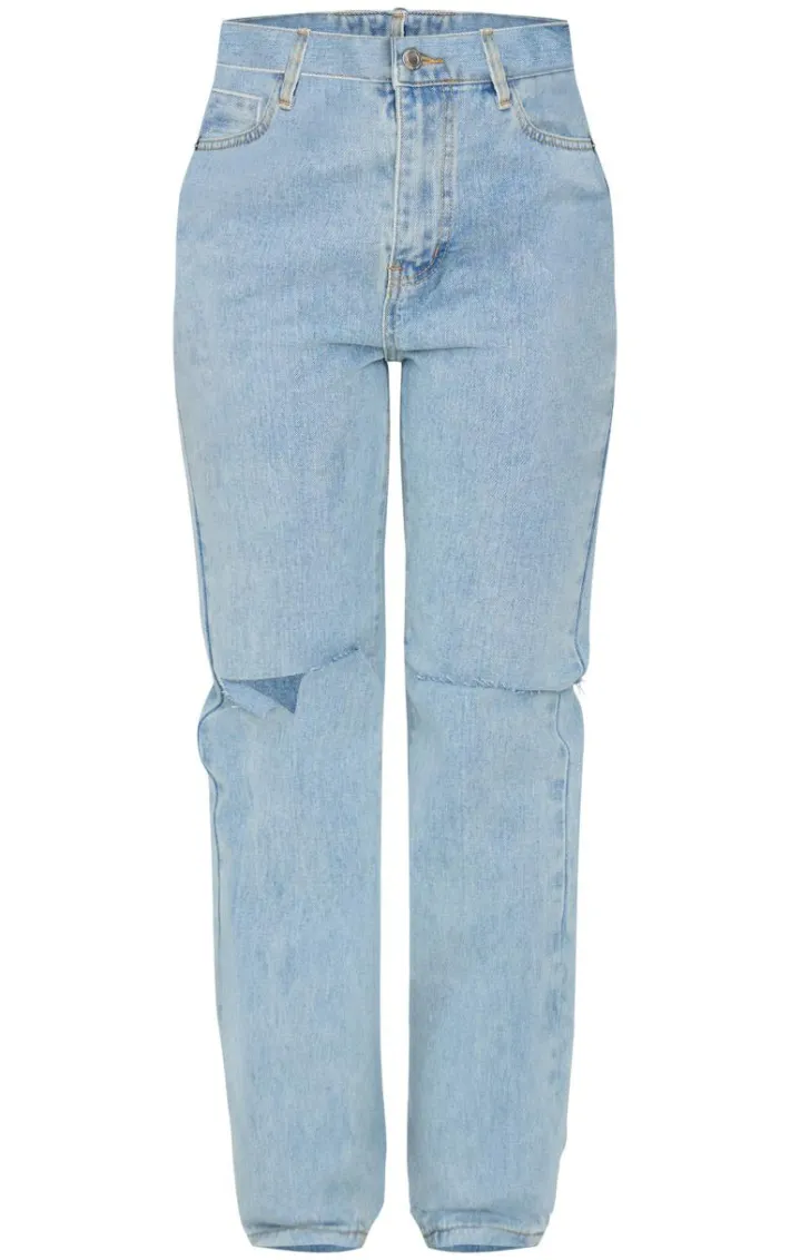 Vintage Light Blue Wash Slash Knee Long Leg Straight Leg Jeans