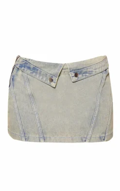 Online PrettyLittleThing Biker Waistband Detail Denim Mini Skirt Vintage Light Wash