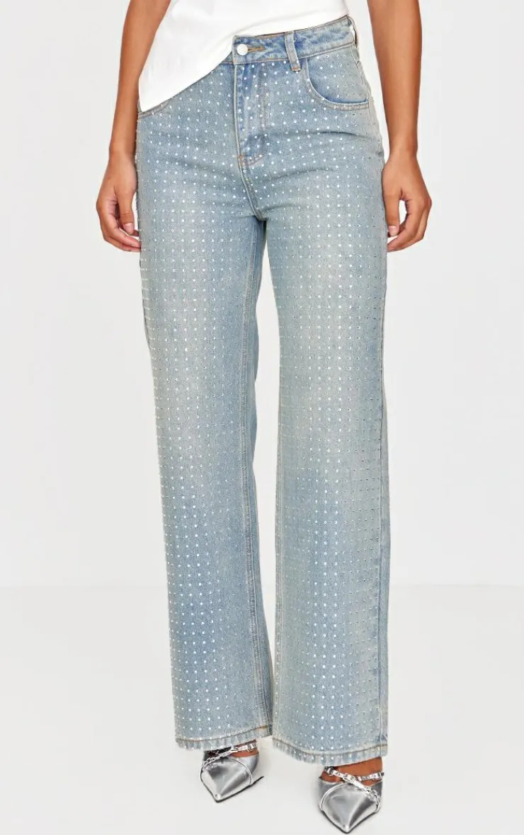 Diamante Front Straight Leg Jeans-PrettyLittleThing Outlet