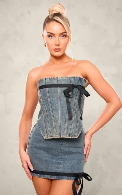 Sale PrettyLittleThing Contrast Bow Detail Denim Corset Top Vintage Mid Wash