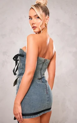 Sale PrettyLittleThing Contrast Bow Detail Denim Corset Top Vintage Mid Wash