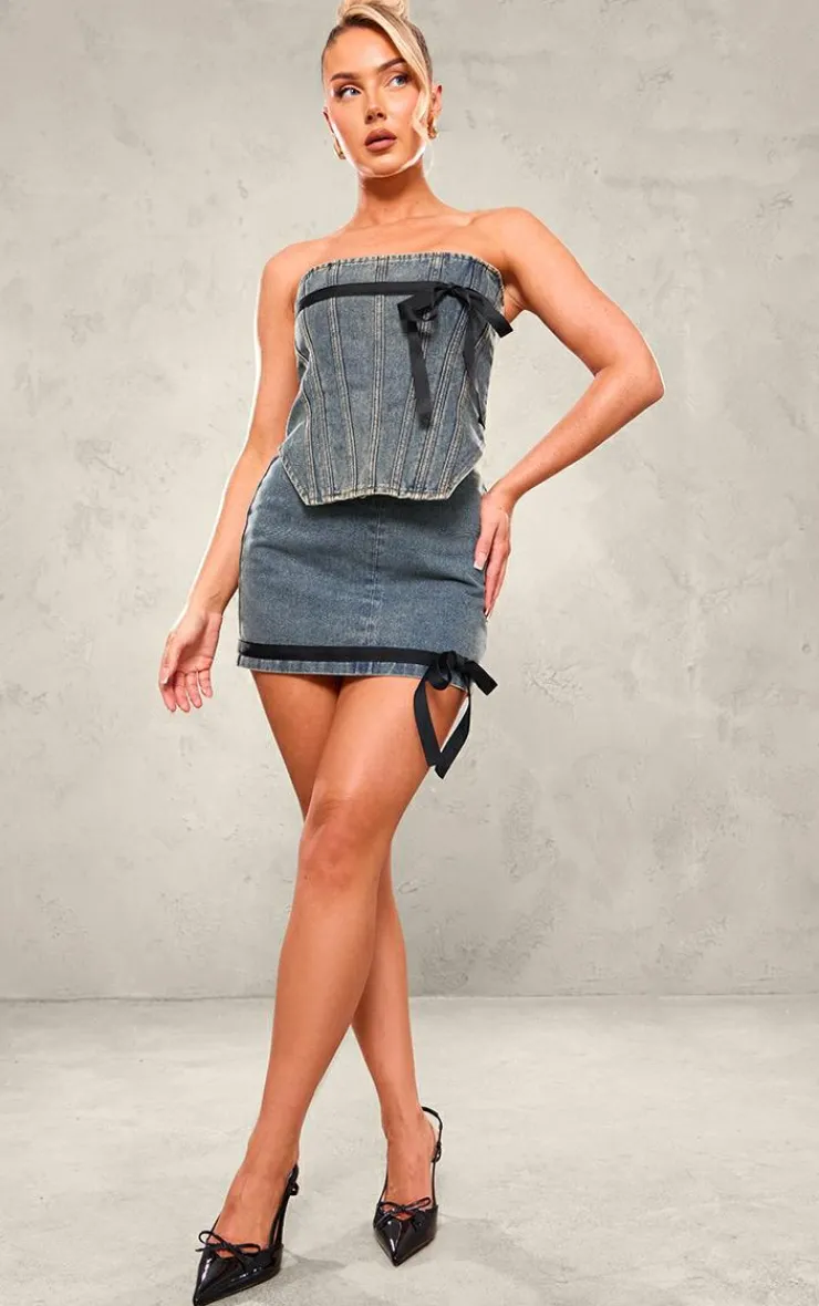 Sale PrettyLittleThing Contrast Bow Detail Denim Corset Top Vintage Mid Wash