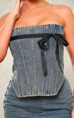 Sale PrettyLittleThing Contrast Bow Detail Denim Corset Top Vintage Mid Wash