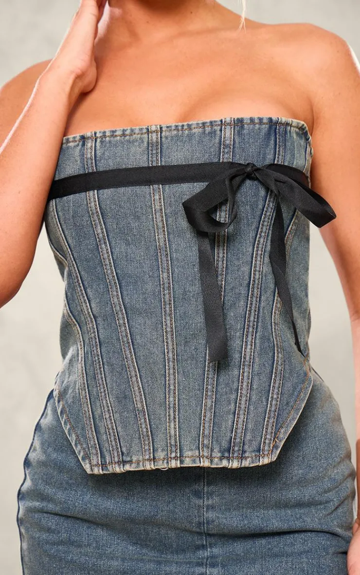 Sale PrettyLittleThing Contrast Bow Detail Denim Corset Top Vintage Mid Wash