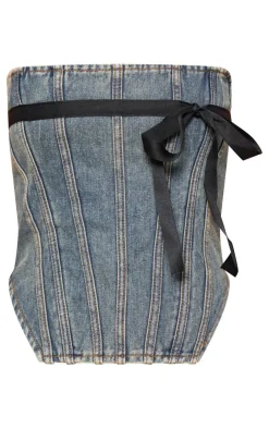 Sale PrettyLittleThing Contrast Bow Detail Denim Corset Top Vintage Mid Wash