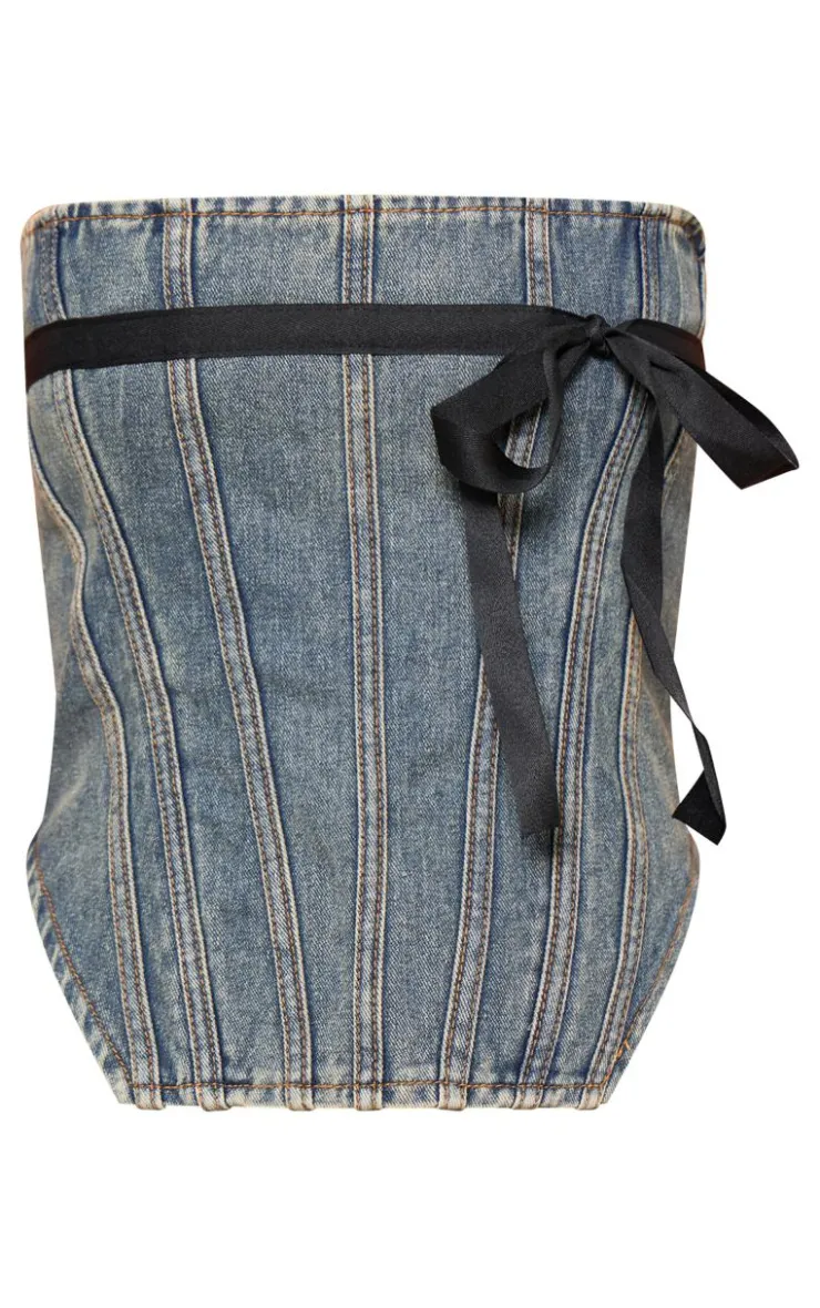 Sale PrettyLittleThing Contrast Bow Detail Denim Corset Top Vintage Mid Wash