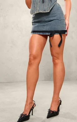 PrettyLittleThing Contrast Bow Detail Denim Micro Mini Skirt Vintage Mid Wash