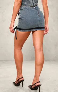 PrettyLittleThing Contrast Bow Detail Denim Micro Mini Skirt Vintage Mid Wash