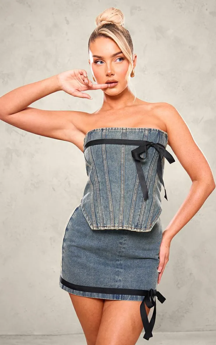 PrettyLittleThing Contrast Bow Detail Denim Micro Mini Skirt Vintage Mid Wash