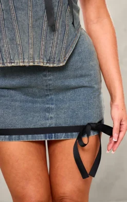 PrettyLittleThing Contrast Bow Detail Denim Micro Mini Skirt Vintage Mid Wash