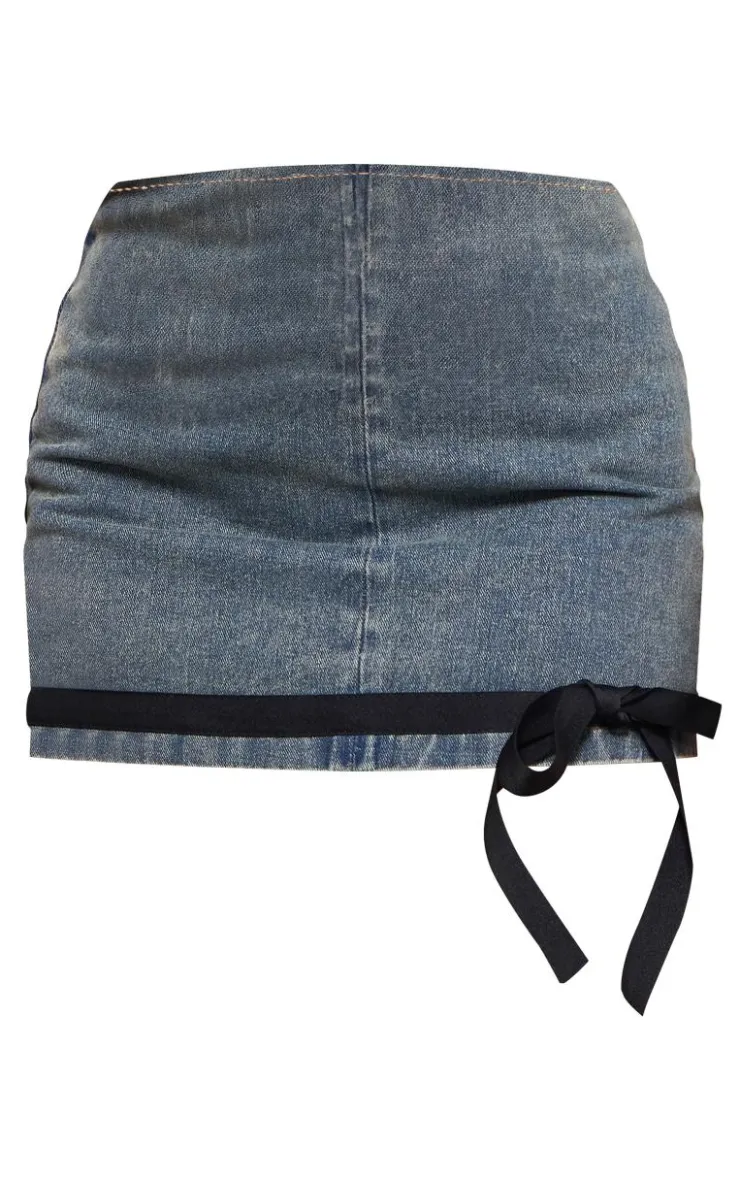 PrettyLittleThing Contrast Bow Detail Denim Micro Mini Skirt Vintage Mid Wash