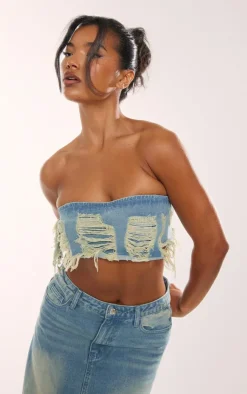 Hot PrettyLittleThing Distressed Denim Bandeau Top Vintage Mid Wash