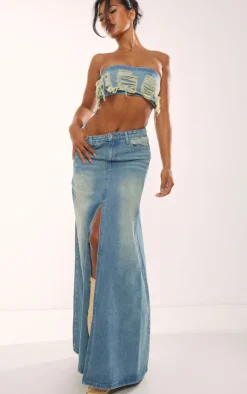 Hot PrettyLittleThing Distressed Denim Bandeau Top Vintage Mid Wash