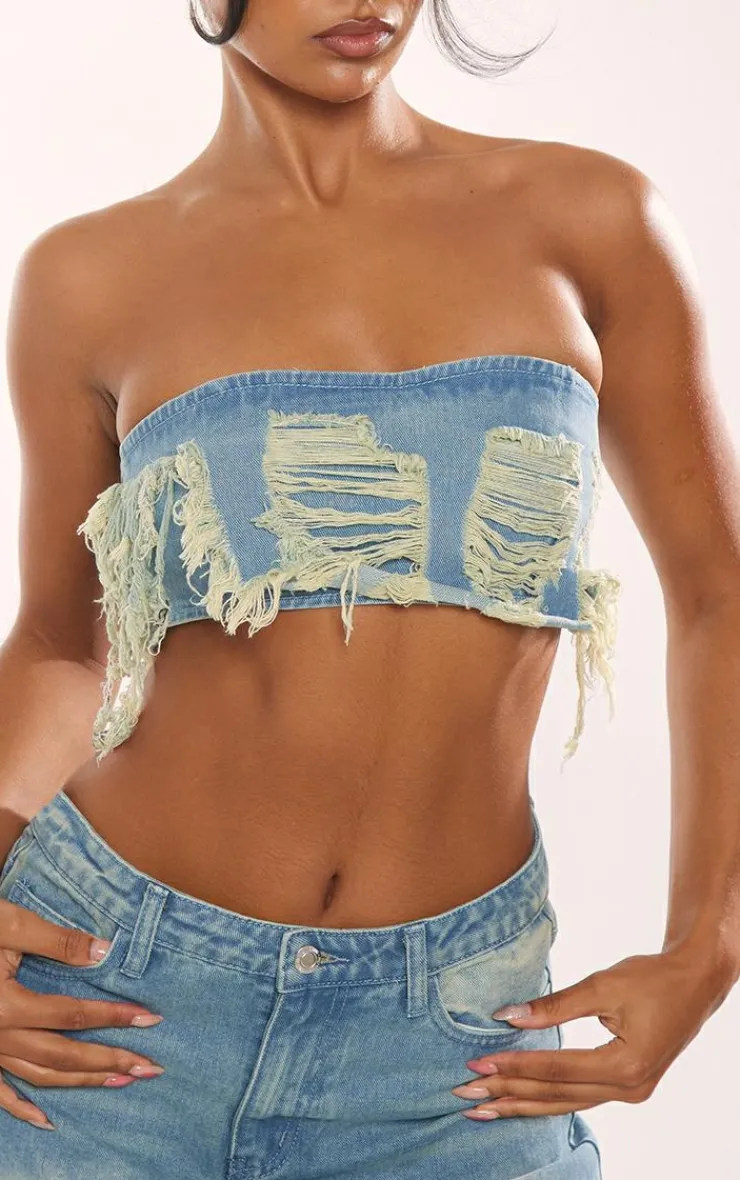 Hot PrettyLittleThing Distressed Denim Bandeau Top Vintage Mid Wash