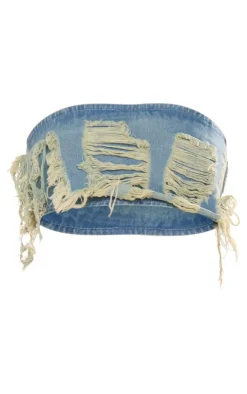 Hot PrettyLittleThing Distressed Denim Bandeau Top Vintage Mid Wash
