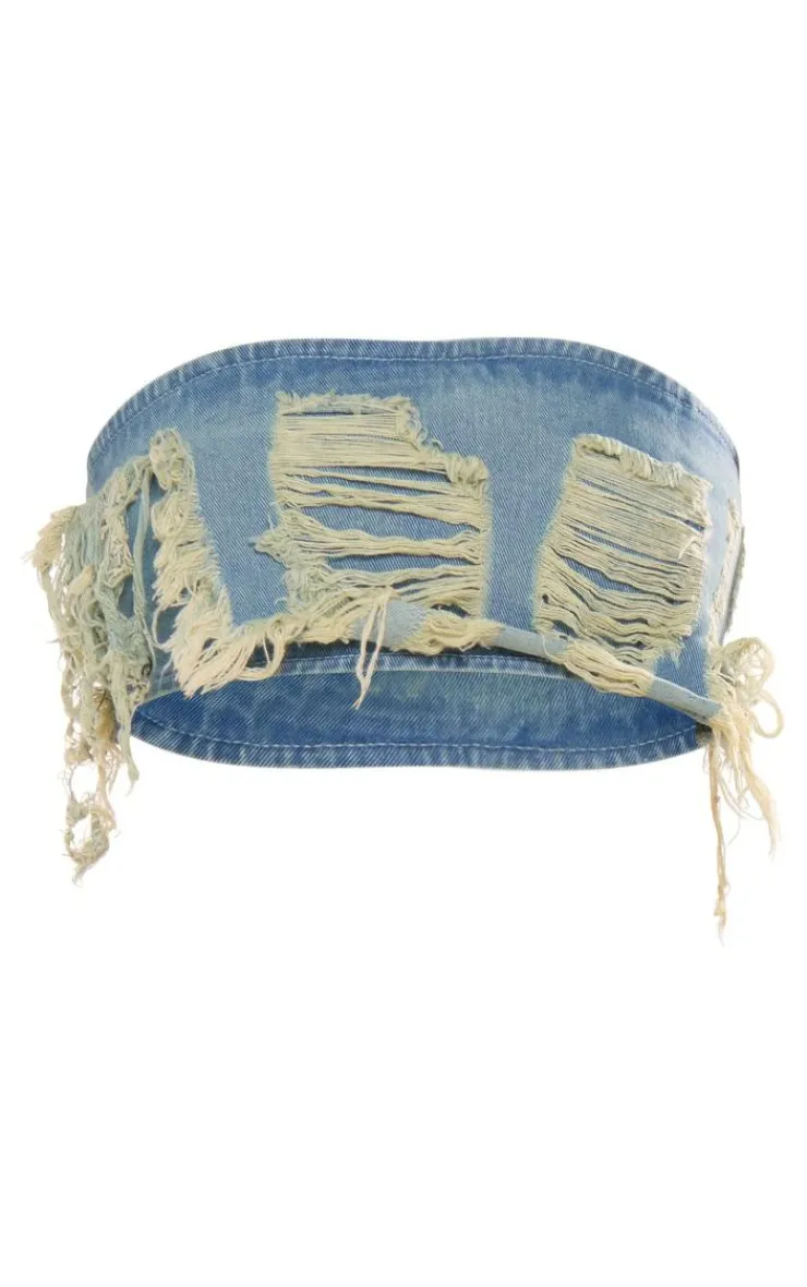 Hot PrettyLittleThing Distressed Denim Bandeau Top Vintage Mid Wash