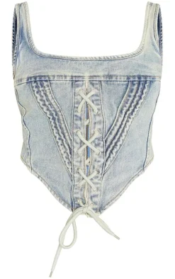Vintage Mid Wash Lace Front Square Neckline Denim Top