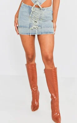 Sale PrettyLittleThing Lace Front Denim Mini Skirt Vintage Mid Wash