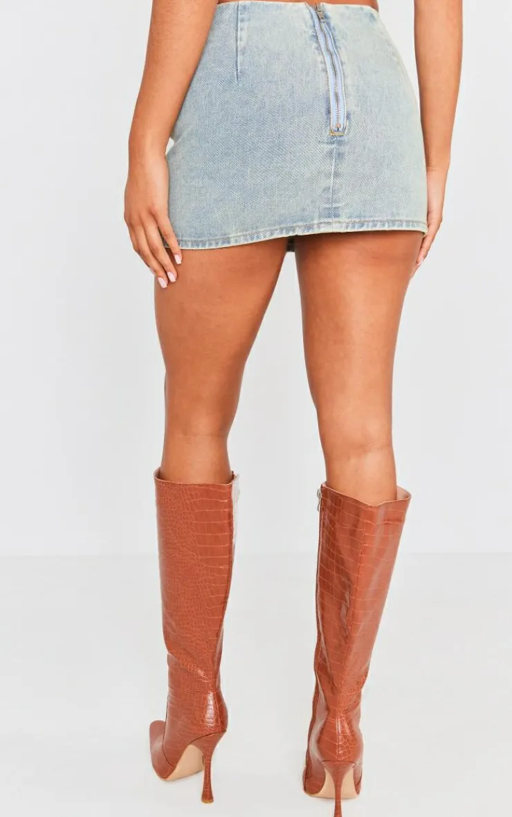 Sale PrettyLittleThing Lace Front Denim Mini Skirt Vintage Mid Wash