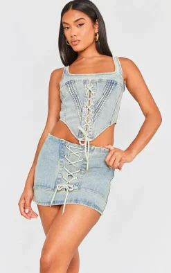Sale PrettyLittleThing Lace Front Denim Mini Skirt Vintage Mid Wash