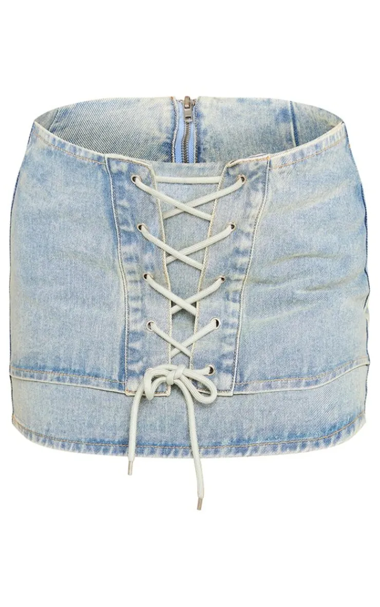 Sale PrettyLittleThing Lace Front Denim Mini Skirt Vintage Mid Wash