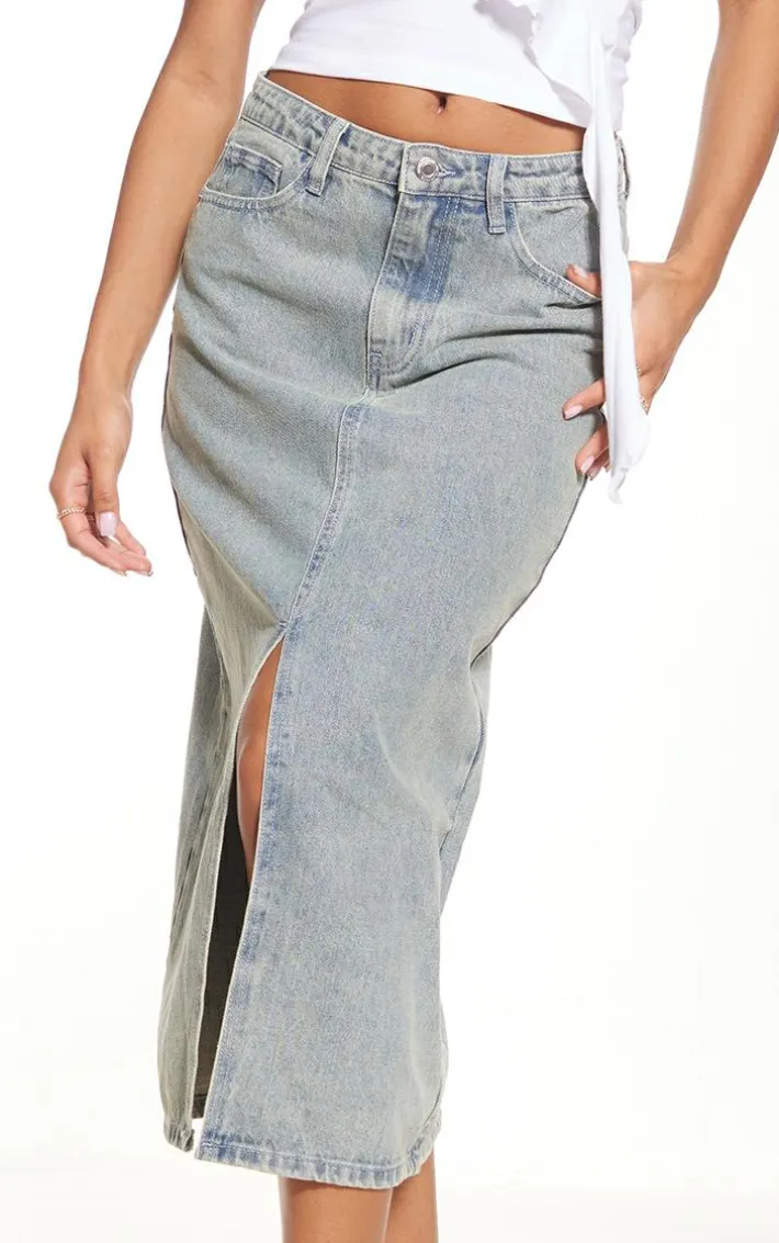 Vintage Mid Wash Split Front Mid Rise Denim Midi Skirt