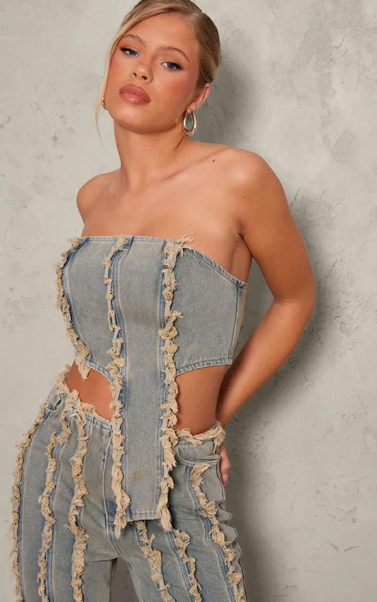New PrettyLittleThing Peach Tint Frayed Bandeau Crop Top Vintage