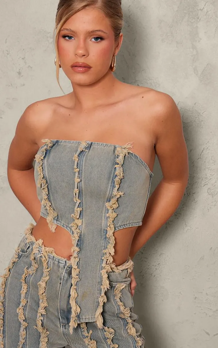 New PrettyLittleThing Peach Tint Frayed Bandeau Crop Top Vintage