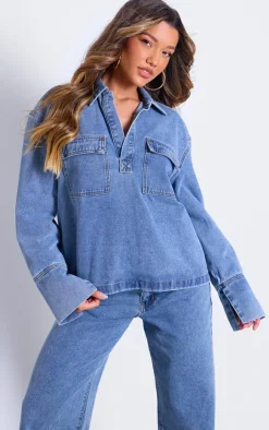 Sale PrettyLittleThing Pocket Detail Relaxed Fit Long Sleeved Denim Shirt Vintage