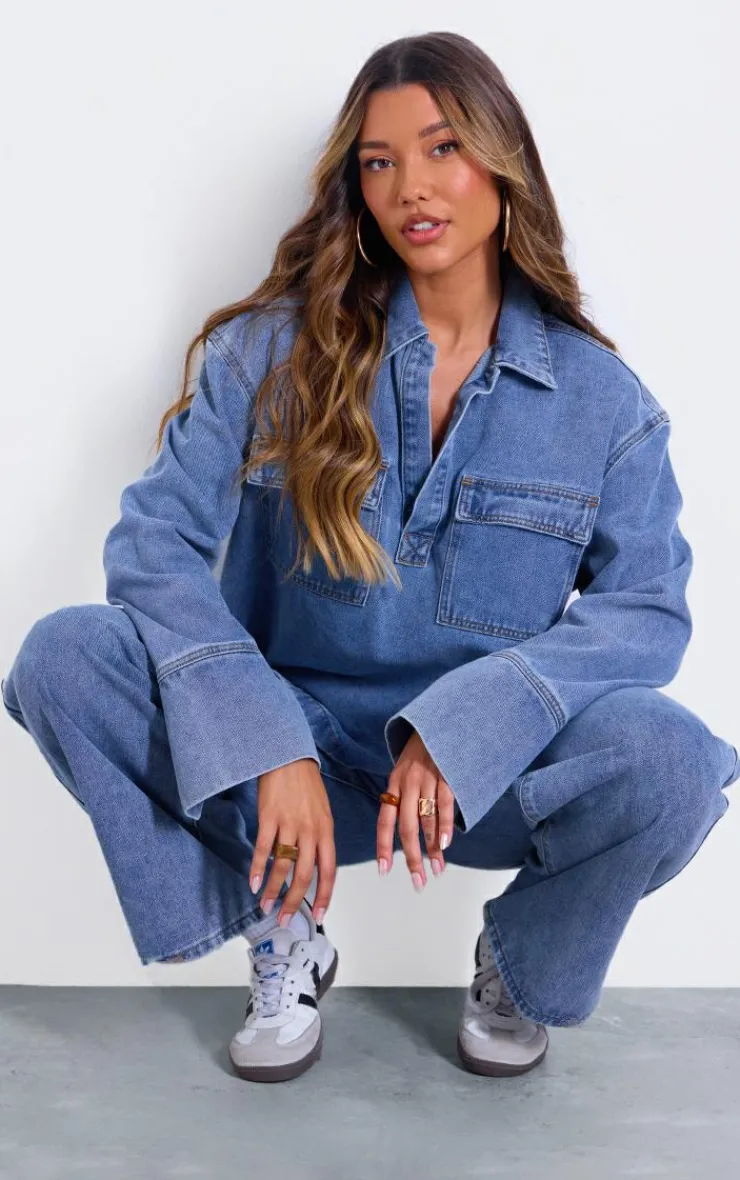 Sale PrettyLittleThing Pocket Detail Relaxed Fit Long Sleeved Denim Shirt Vintage