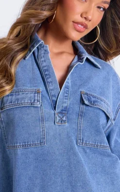 Sale PrettyLittleThing Pocket Detail Relaxed Fit Long Sleeved Denim Shirt Vintage