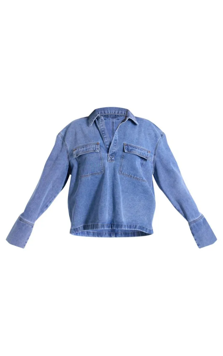 Sale PrettyLittleThing Pocket Detail Relaxed Fit Long Sleeved Denim Shirt Vintage