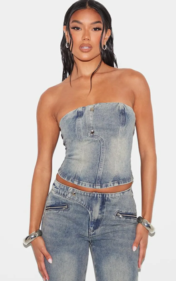 Hot PrettyLittleThing Seam Detail Strapless Denim Bandeau Top Vintage