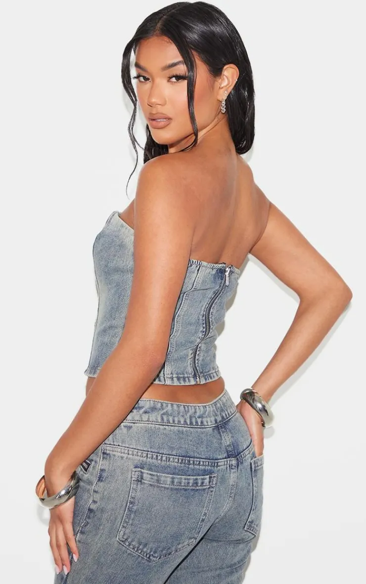 Hot PrettyLittleThing Seam Detail Strapless Denim Bandeau Top Vintage