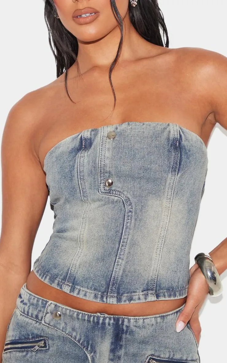 Hot PrettyLittleThing Seam Detail Strapless Denim Bandeau Top Vintage