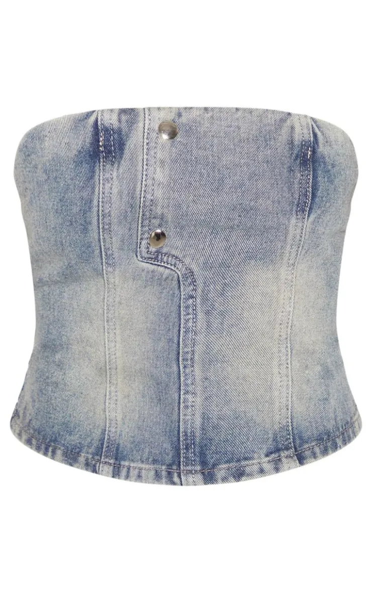 Hot PrettyLittleThing Seam Detail Strapless Denim Bandeau Top Vintage