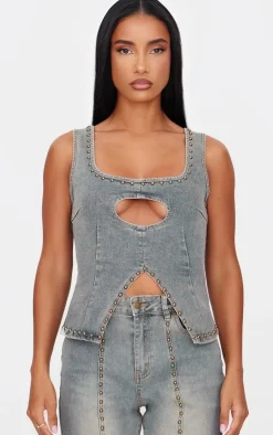 Outlet PrettyLittleThing Sleeveless Western Studded Keyhole Detail Denim Top Vintage