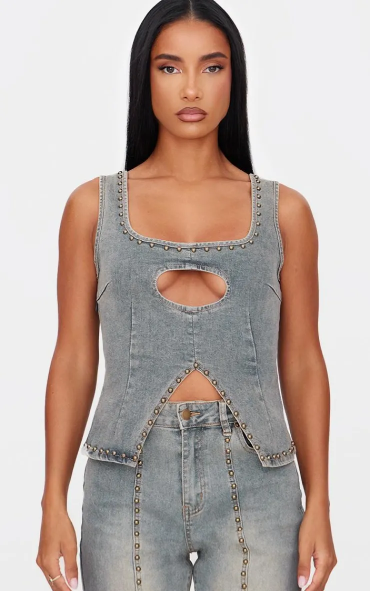 Outlet PrettyLittleThing Sleeveless Western Studded Keyhole Detail Denim Top Vintage