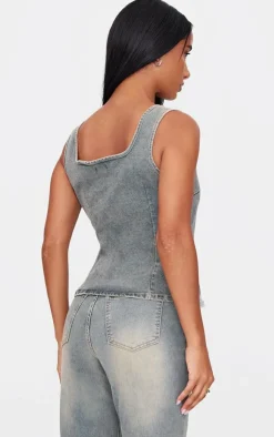 Outlet PrettyLittleThing Sleeveless Western Studded Keyhole Detail Denim Top Vintage