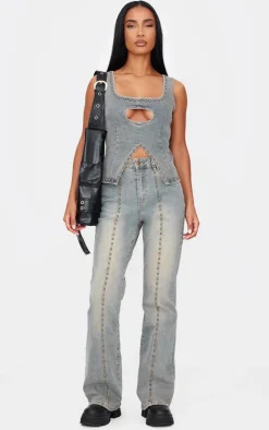 Outlet PrettyLittleThing Sleeveless Western Studded Keyhole Detail Denim Top Vintage