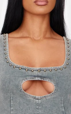 Outlet PrettyLittleThing Sleeveless Western Studded Keyhole Detail Denim Top Vintage